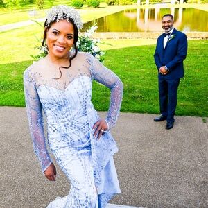 Chic Long Sleeve Blue and White Dress